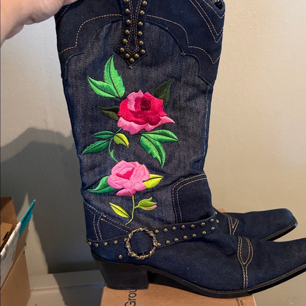 J.Renee Navy Denim Embroidered Western Ankle Boots with Stud Detail - Picture 2 of 3